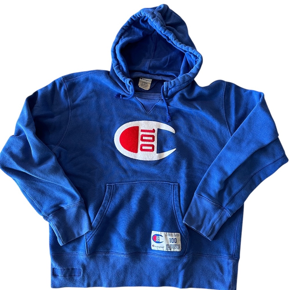 Champion Pullover Hoodie – L (Blue with Red/White Graphic)